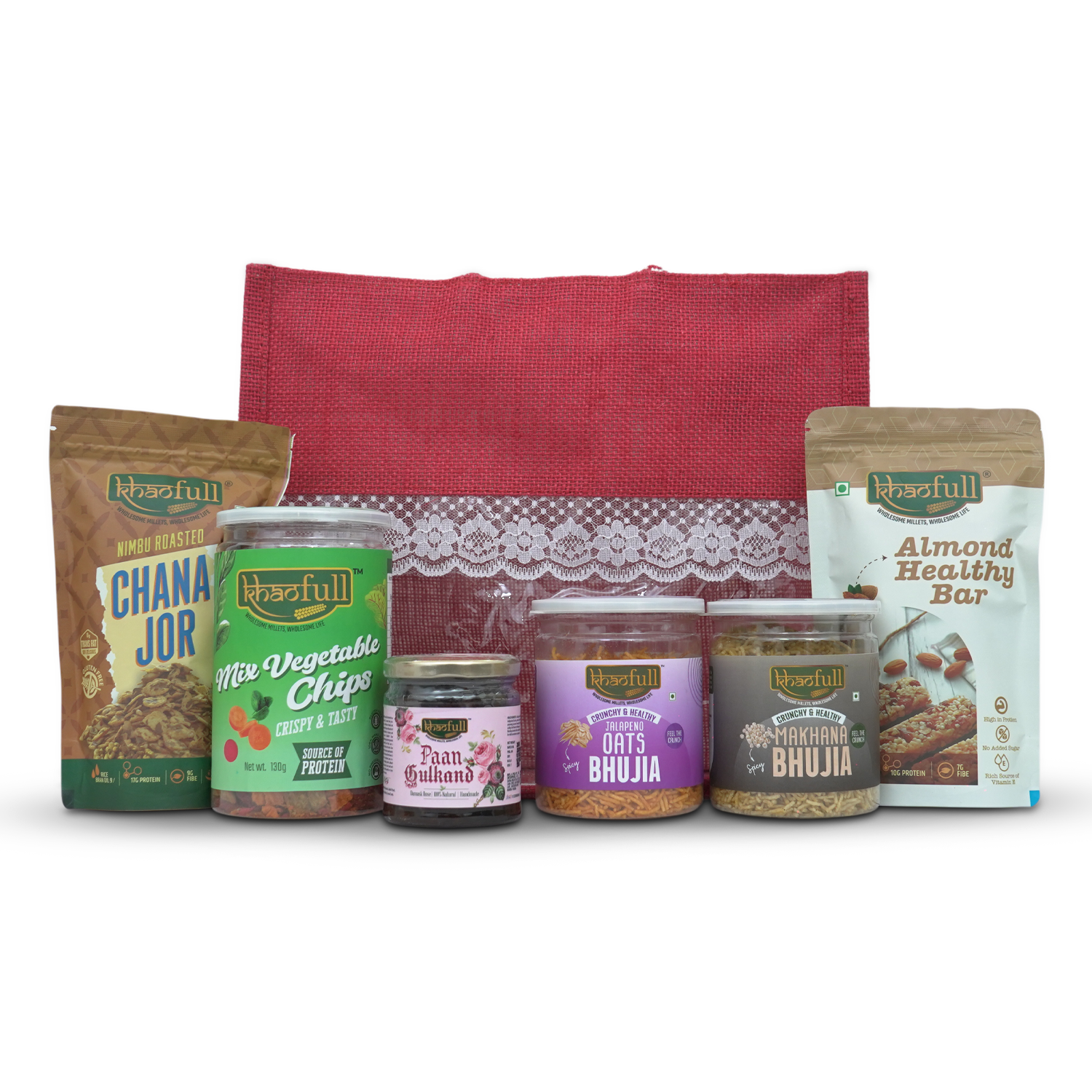 MAKHANA BHUJIA, NIMBU ROASTED CHANA JOR, MIX VEGETABLES CHIPS, PAAN GULKAND, JALAPENO OATS BHUJIA & ALMOND HEALTHY BAR (COMBO)