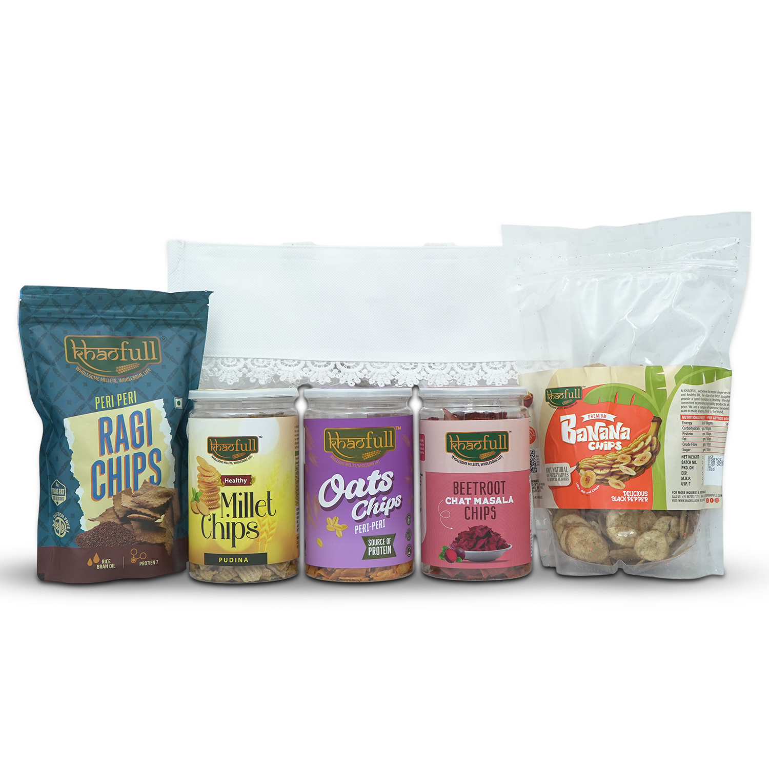 MILLET CHIPS, BANANA CHIPS, RAGI CHIPS, PERI-PERI OATS CHIPS & BEETROOT CHIPS (COMBO)