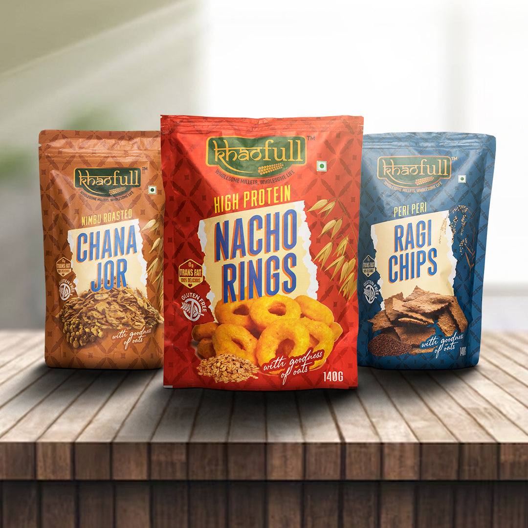PERI PERI RAGI CHIPS, NIMBU ROASTED CHANA JOR & HIGH PROTIN NACHO RINGS (COMBO) - Khaofull