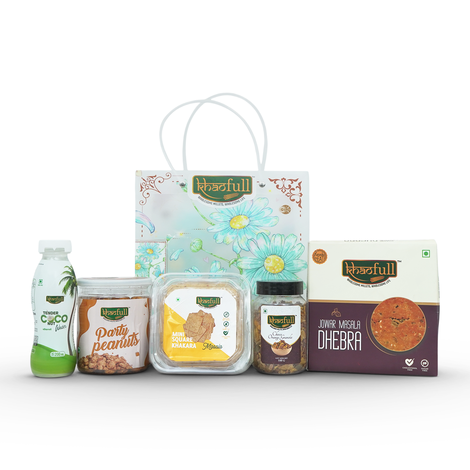 PARTY PEANUTS, TENDER COCONUT WATER, ALMOND CHOCOLATE GRANOLA, GUJARATI KHAKARA & GUJARATI DHEBRA (COMBO)