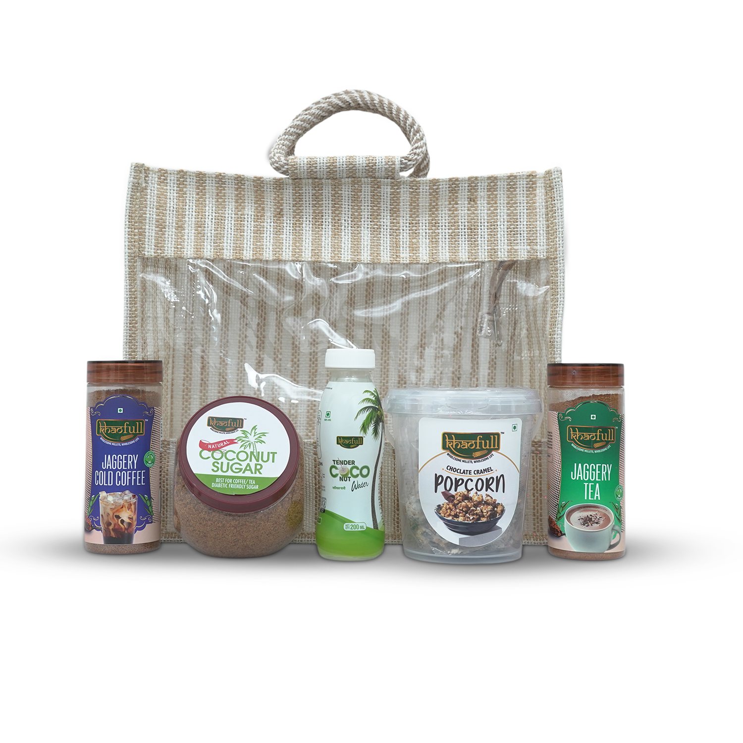 COCONUT SUGAR, JAGGERY TEA, CHOCOLATE CARAMEL POPCORN, TENDER COCONUT WATER & JAGGERY COFFEE (COMBO)
